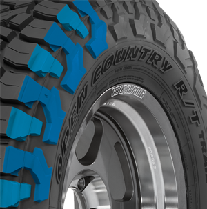 AGGRESSIVE SIDEWALL DESIGN on a light truck rugged terrain tire