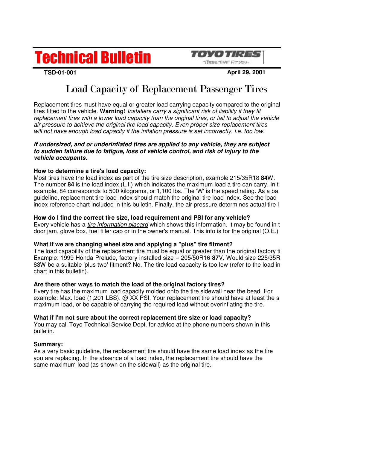 Load Capacity of Replacement Passenger Tires