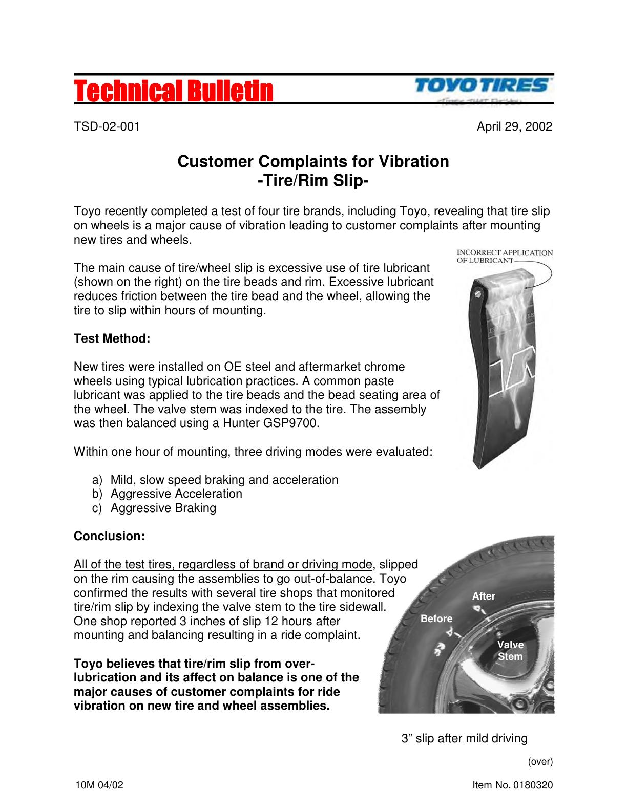 Customer Complaints for Vibration - Tire/Rim Slip