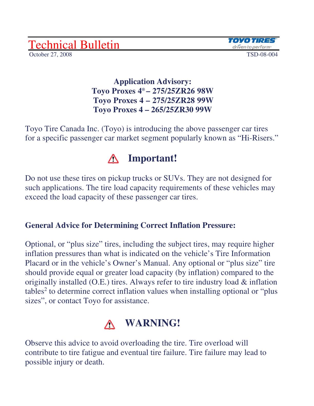 Application Advisory: Toyo Proxes 4